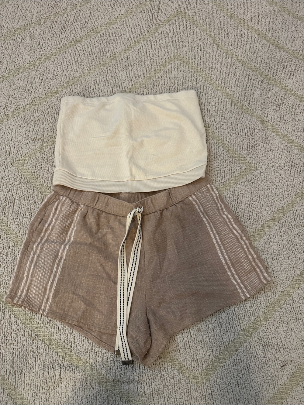 aerie Striped Drawstring Athletic Shorts in Tan and Cream